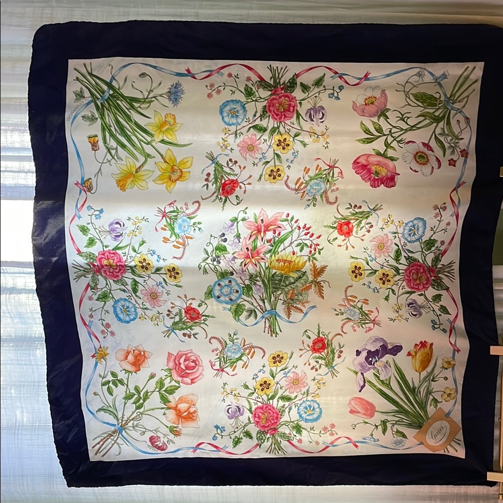 Vintage Gucci Silk Scarf with Navy Border